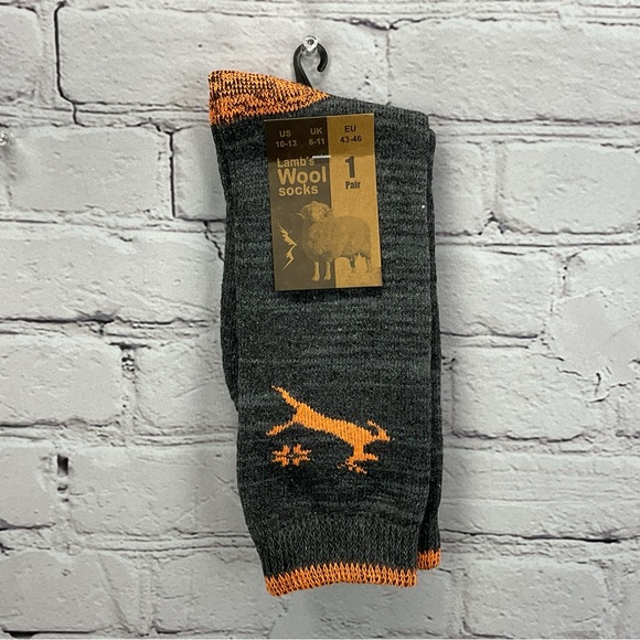 Lamb's Wool Socks Men's Size 10-13 Gray Black Orange 2 Pair Wool Blend Hiking - Picture 2 of 8